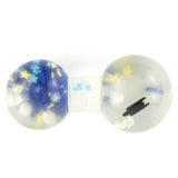 Top-down view of the Squeeze Pops Space toy showing both blue and grey glitter-filled spheres connected by a clear central tube