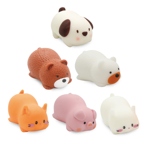 Six Squeeze Sploot Friends animal squishies including a dog, bear, polar bear, orange cat, pink pig and white cat