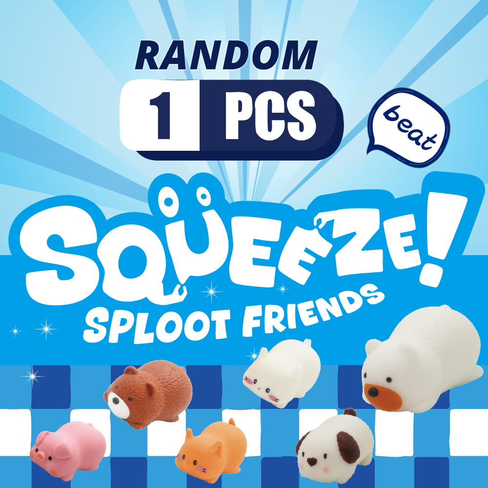 Promotional graphic for 'Squeeze! Sploot Friends' showing a blue and white sunburst background with the text 'RANDOM 1 PCS beat' and several small squishy animal toys including a pink pig, brown bear, orange cat, white dog, and white pig.