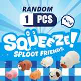 Promotional graphic for 'Squeeze! Sploot Friends' showing a blue and white sunburst background with the text 'RANDOM 1 PCS beat' and several small squishy animal toys including a pink pig, brown bear, orange cat, white dog, and white pig.