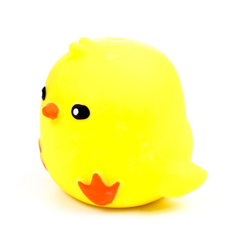 Angled view of yellow Squeezies Springtime Chick squeeze toy showing face and orange feet