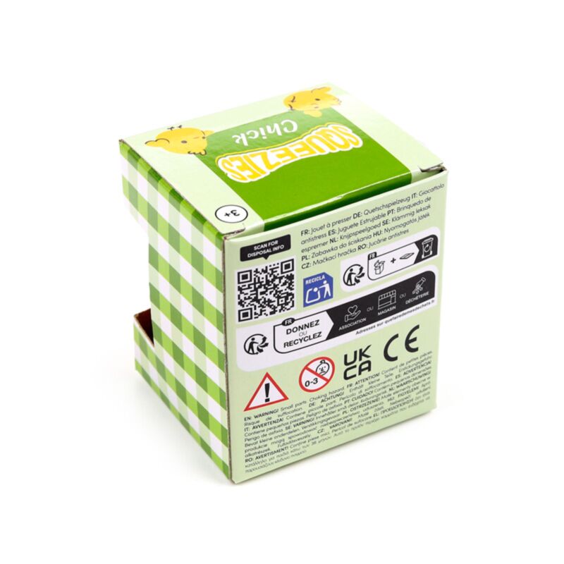 Back of Squeezies Springtime Chick packaging showing safety warning and product information