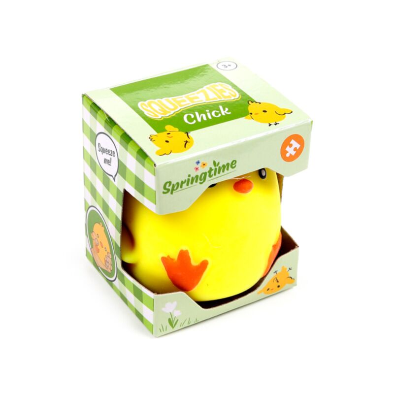 Front of Squeezies Springtime Chick box packaging showing green gingham Springtime design