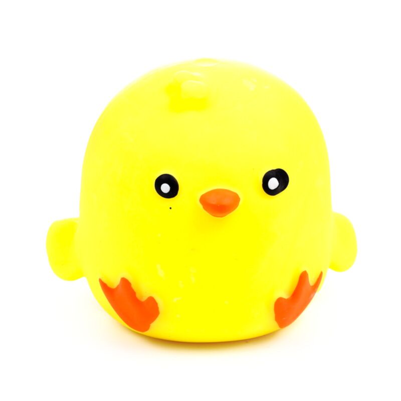 Straight-on view of yellow Squeezies Springtime Chick squeeze toy with wings and beak