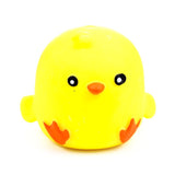 Straight-on view of yellow Squeezies Springtime Chick squeeze toy with wings and beak