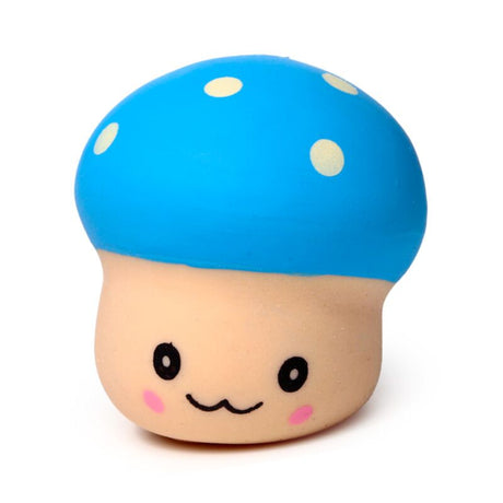 Blue Squeezies Mushroom stress toy with a smiling face and polka dot cap