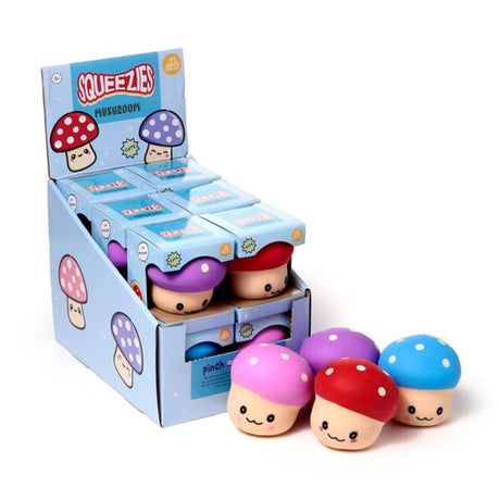 Squeezies Mushroom stress toys shown with their full retail display box and loose pieces