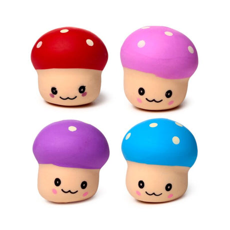 Four Squeezies Mushroom stress toys lined up in red, pink, purple and blue