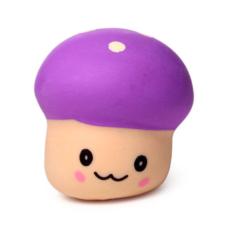 Purple Squeezies Mushroom stress toy with a smiling face and cream polka dots
