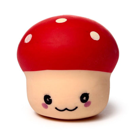 Red Squeezies Mushroom stress toy with a smiling face and cream polka dots