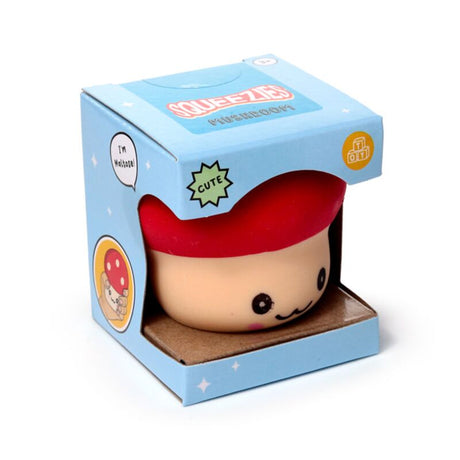 Red Squeezies Mushroom stress toy shown inside its individual retail packaging box