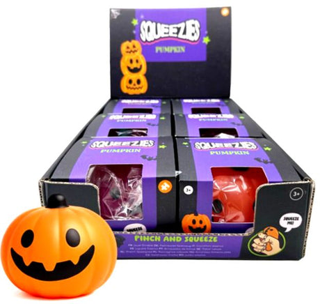 Squeezies Pumpkin Halloween squishy toy shown beside its retail display box