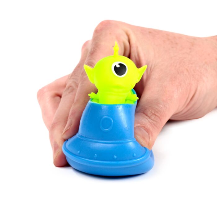 Blue Squeezy Alien UFO Pop Out — green alien pops out on squeeze, sensory toy