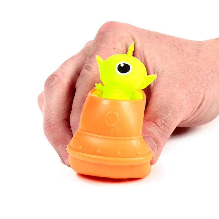 Orange Squeezy Alien UFO Pop Out — green alien pops out on squeeze, fidget toy