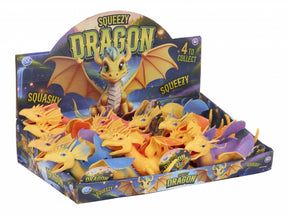 Squeezy Dragon squashy squishy sensory toy retail display, four assorted colour variants