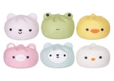 All six Squeezy Dumplings kawaii animal squishies displayed together — bear, frog, chick, pig, blue bear, and duck