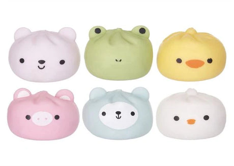 All six Squeezy Dumplings kawaii animal squishies displayed together — bear, frog, chick, pig, blue bear, and duck
