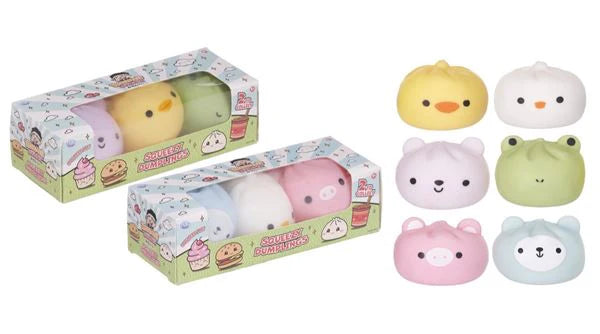 Two boxes of Squeezy Dumplings kawaii animal squishy 3-packs shown alongside all six individual squishy characters