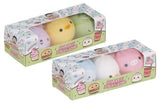 Two Squeezy Dumplings 3-pack boxes showing assorted kawaii animal squishy characters through clear window packaging