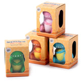 Squeezy-O dinosaur squishy stress toy four colour variants in orange retail boxes