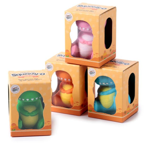 Squeezy-O dinosaur squishy stress toy four colour variants in orange retail boxes