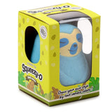 Blue Squeezy-O sloth stress toy in yellow window box packaging with choice of four colours