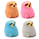 Four Squeezy-O sloth stress toys in orange, pink, blue and grey colourways side by side