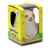 Grey Squeezy-O sloth stress toy in yellow window box packaging with choice of four colours