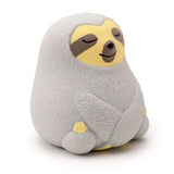 Grey Squeezy-O sloth squishy stress toy sitting with arms crossed and eyes closed