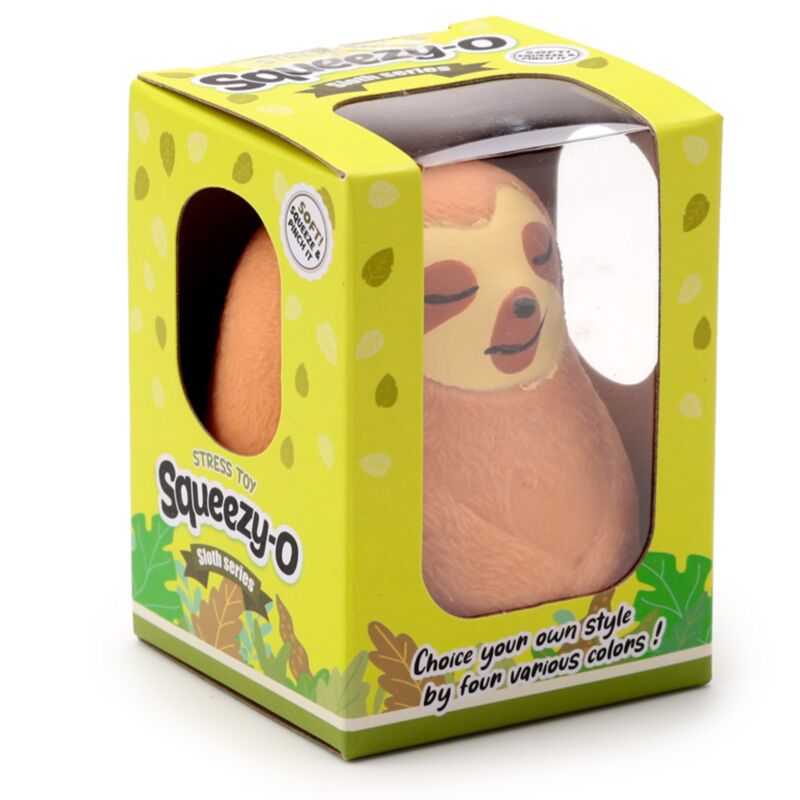 Orange Squeezy-O sloth stress toy in yellow window box packaging with choice of four colours