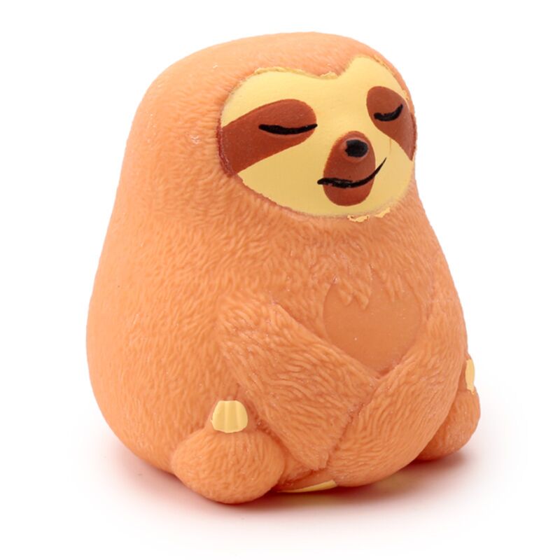 Orange Squeezy-O sloth squishy stress toy sitting with arms crossed and eyes closed