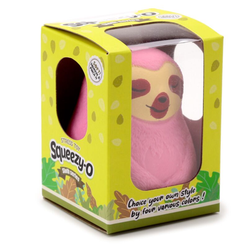 Pink Squeezy-O sloth stress toy in yellow window box packaging with choice of four colours