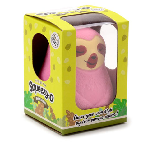 Pink Squeezy-O sloth stress toy in yellow window box packaging with choice of four colours