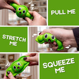Collage of the Squeezy Peasy squishy being pulled, stretched, and squeezed