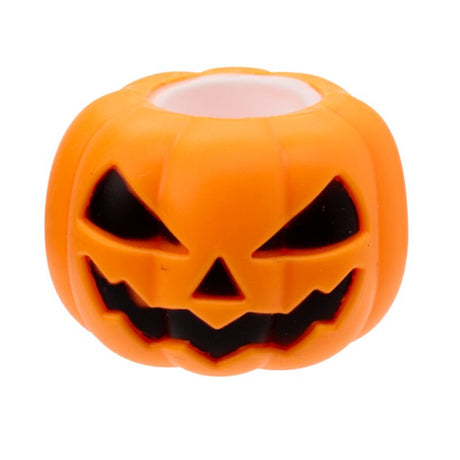 Front angled view of the orange Squeezy Pumpkin Ghost Pop Out toy with hollow top