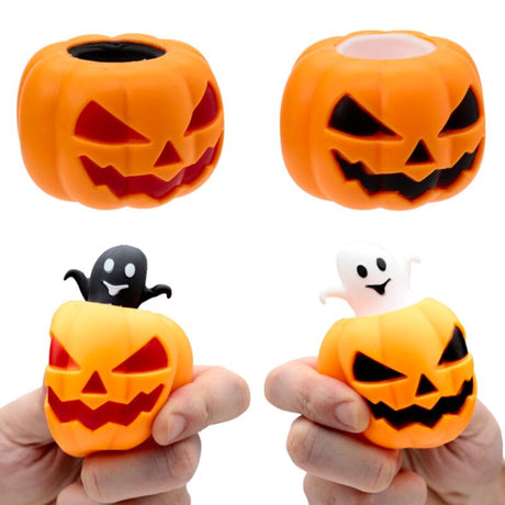 Both black and white ghost versions of the Squeezy Pumpkin Ghost Pop Out toy together