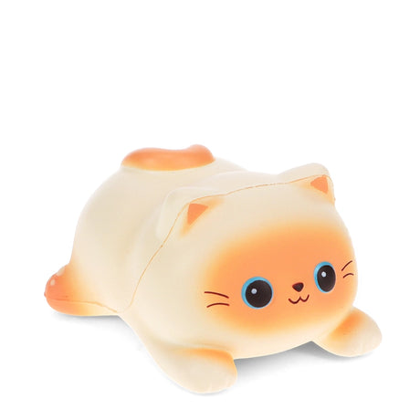 Front view of a cream and orange kawaii cat squishy toy with big blue eyes and whiskers
