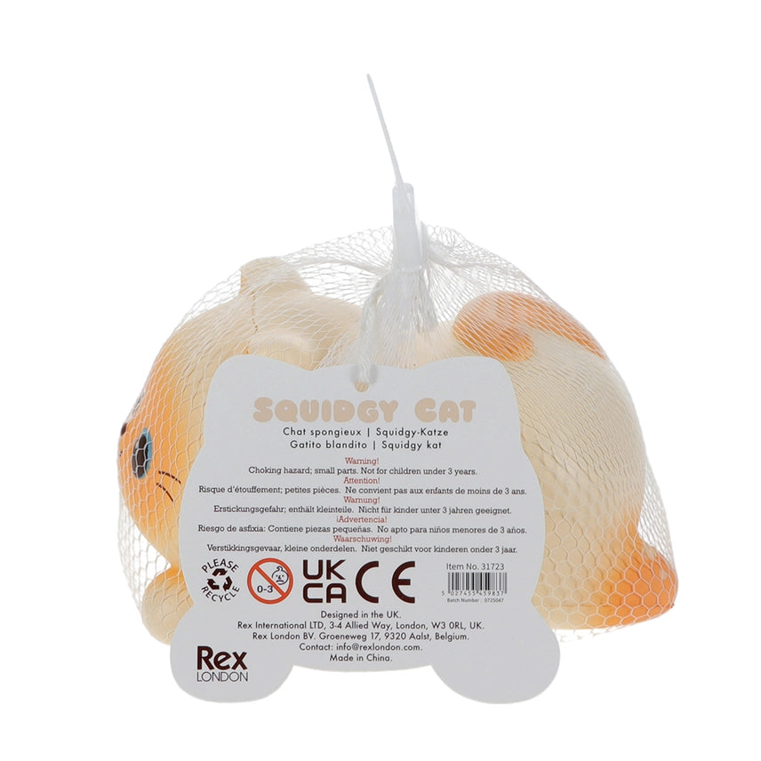 Rear of Rex London Squidgy Cat mesh bag packaging showing product name and safety information