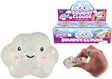 White iridescent glitter squishy cloud fidget toy with a smiling face, shown next to its retail box