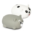 Two squidgy puppy fidget toys side by side — a white spotty dog and a grey husky design