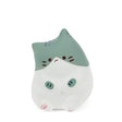 Front view of a green and white kawaii sitting cat squishy toy with pink paws and stripe markings