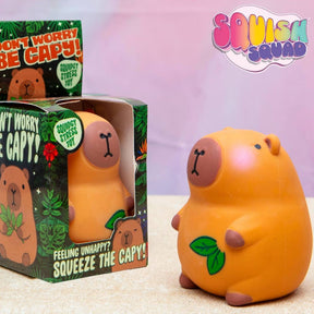 An orange capybara-shaped squishy toy shown next to its branded retail box. The box is green with cartoon capybara graphics and text including 'DON'T WORRY BE CAPY!' and 'FEELING UNHAPPY? SQUEEZE THE CAPY!'.