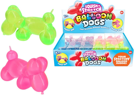 Squidgy Balloon Dog neon green and pink squishy maltose sugar filled sensory fidget toys alongside display box
