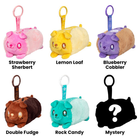 Set of plush toy keychains with different flavors labeled on a white background