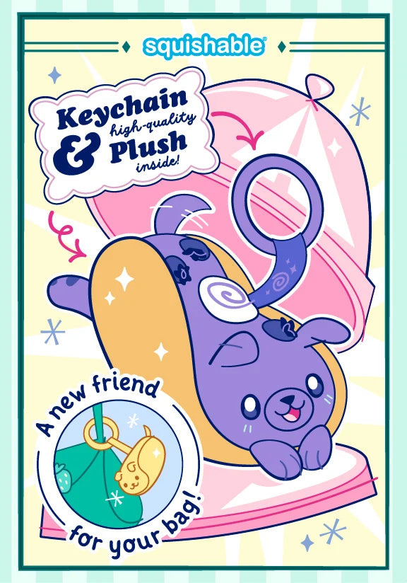 Squishable keychain plush and high-quality plush inside promotional card featuring a cute purple cartoon dog character on a pink bag, with text reading 'Keychain high-quality & Plush inside!' and 'A new friend for your bag!'.
