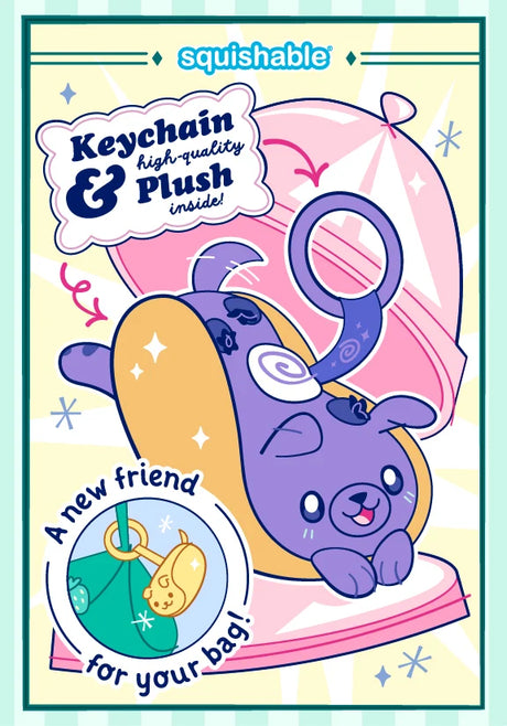 Squishable keychain plush and high-quality plush inside promotional card featuring a cute purple cartoon dog character on a pink bag, with text reading 'Keychain high-quality & Plush inside!' and 'A new friend for your bag!'.