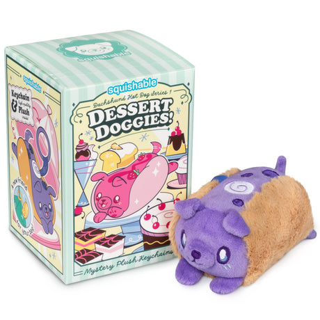 Squishable Dessert Doggies plush toy next to its packaging on a white background
