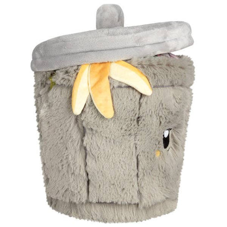 Squishable Mini Trash Can plush side view, grey fur, yellow banana peel detail