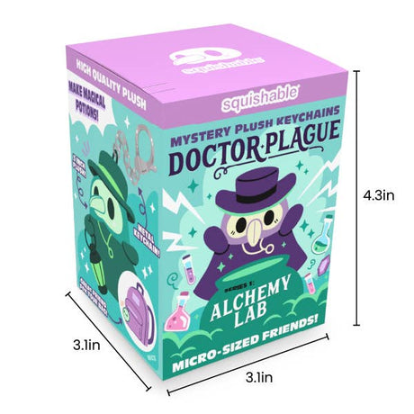A boxed product labeled 'squishable' called Doctor Plague Mystery Plush Keychains, shown as a purple and teal box with cartoon illustrations and dimension lines indicating 4.3 in height and 3.