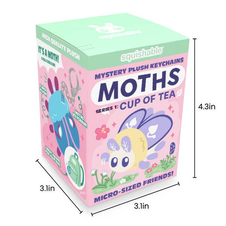 Box of Squishable mystery plush keychains with moths design, featuring dimensions on a white background.